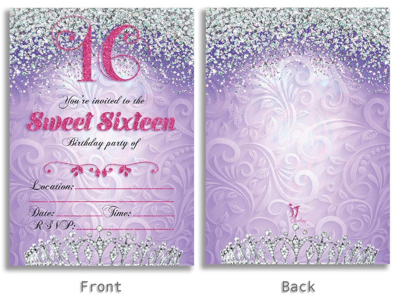 JT Studios Sweet 16 Sixteen Birthday Party Double Sided Purple Invitations, Set of 25 5x7 Girl's 16th Birthday Invitations includes Envelopes - Image 2